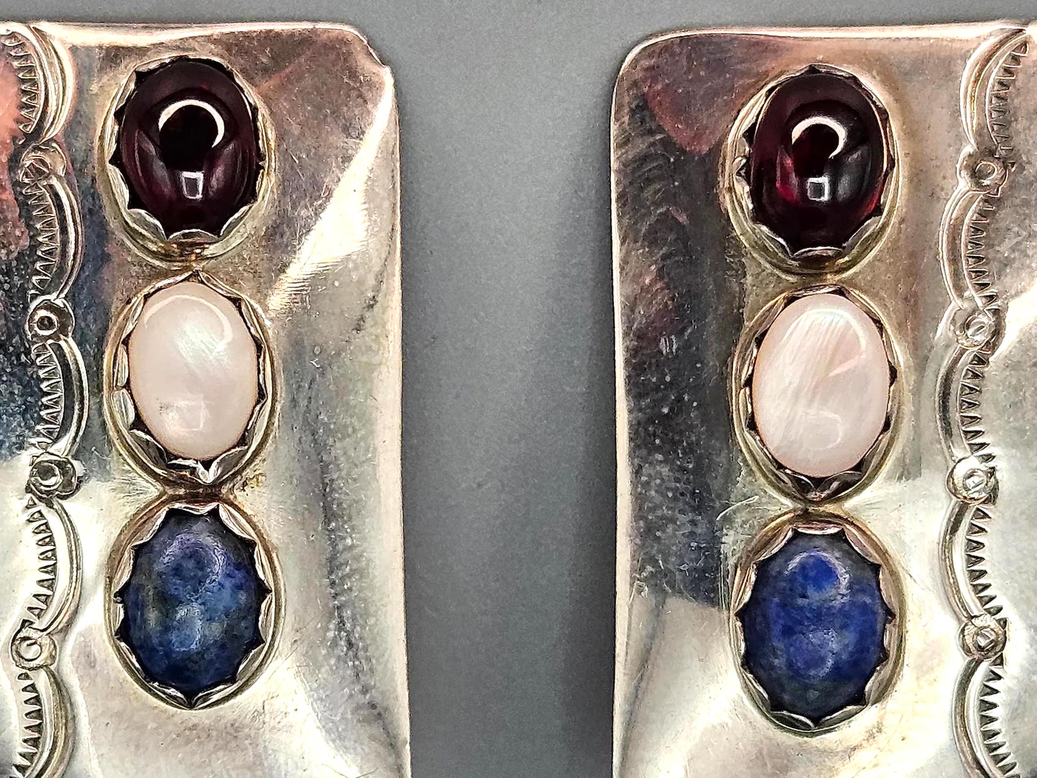 Vintage Navajo Stud Earrings With Stones, Native American Jewelry Art Signed By A Master Silversmith Boyd Chee. Dated Circa 1980s