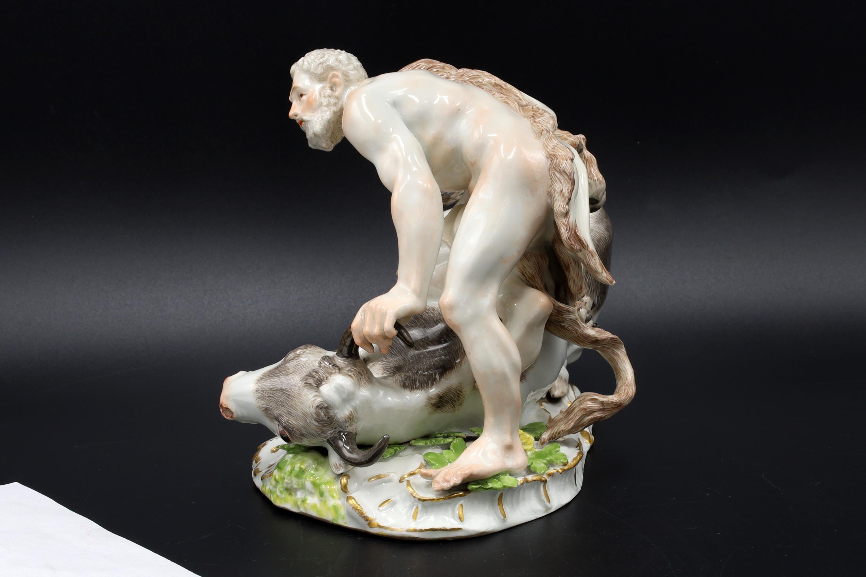 Antique Meissen Porcelain Figure, Hercules Capturing the Cretan Bull, Germany 18th Century Art. Rare Piece
