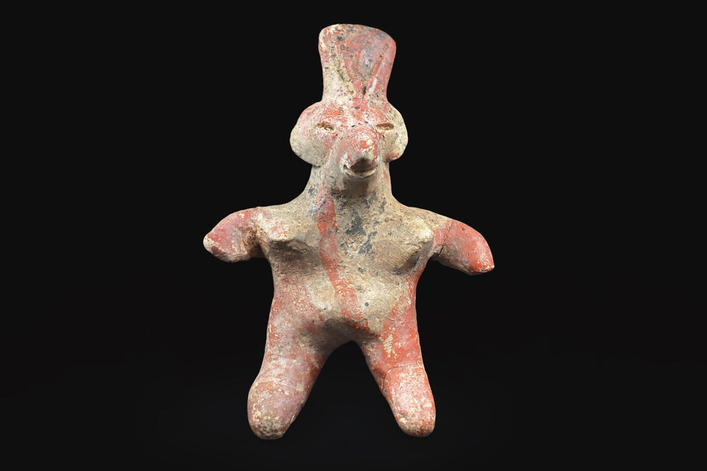 Ancient Pre Columbian Nayarit Pottery Chief, Zoomorphic Female Figure, Chinesco Type 300 BCE to 300 AD, West Mexico, Mesoamerican Burial Art