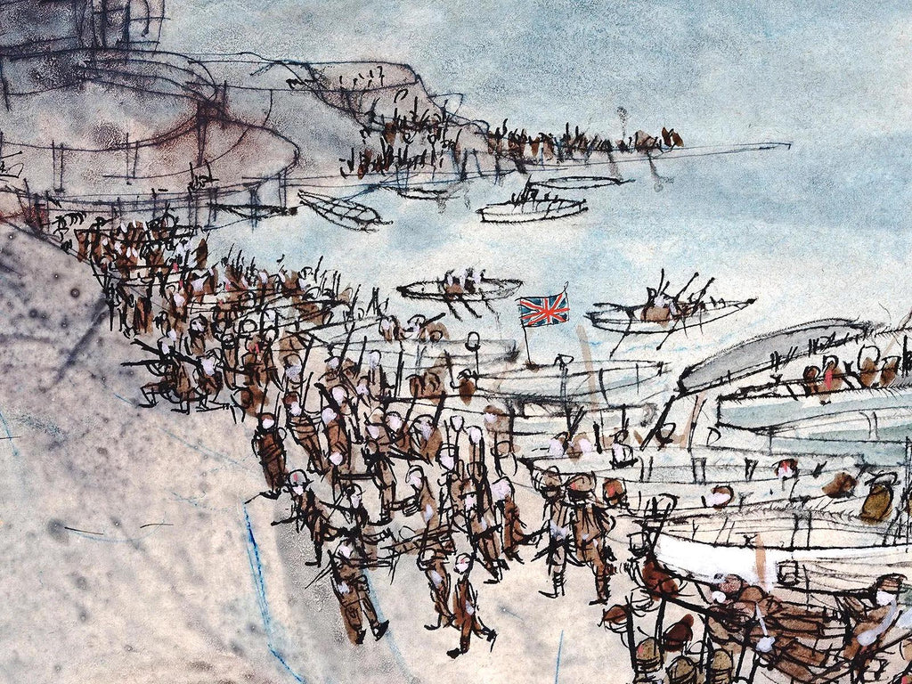 Watercolor And Ink On Paper Painting By Robert Andrew Parker, Battle Of The Bulgarian And British Armies On A Seashore Landscape