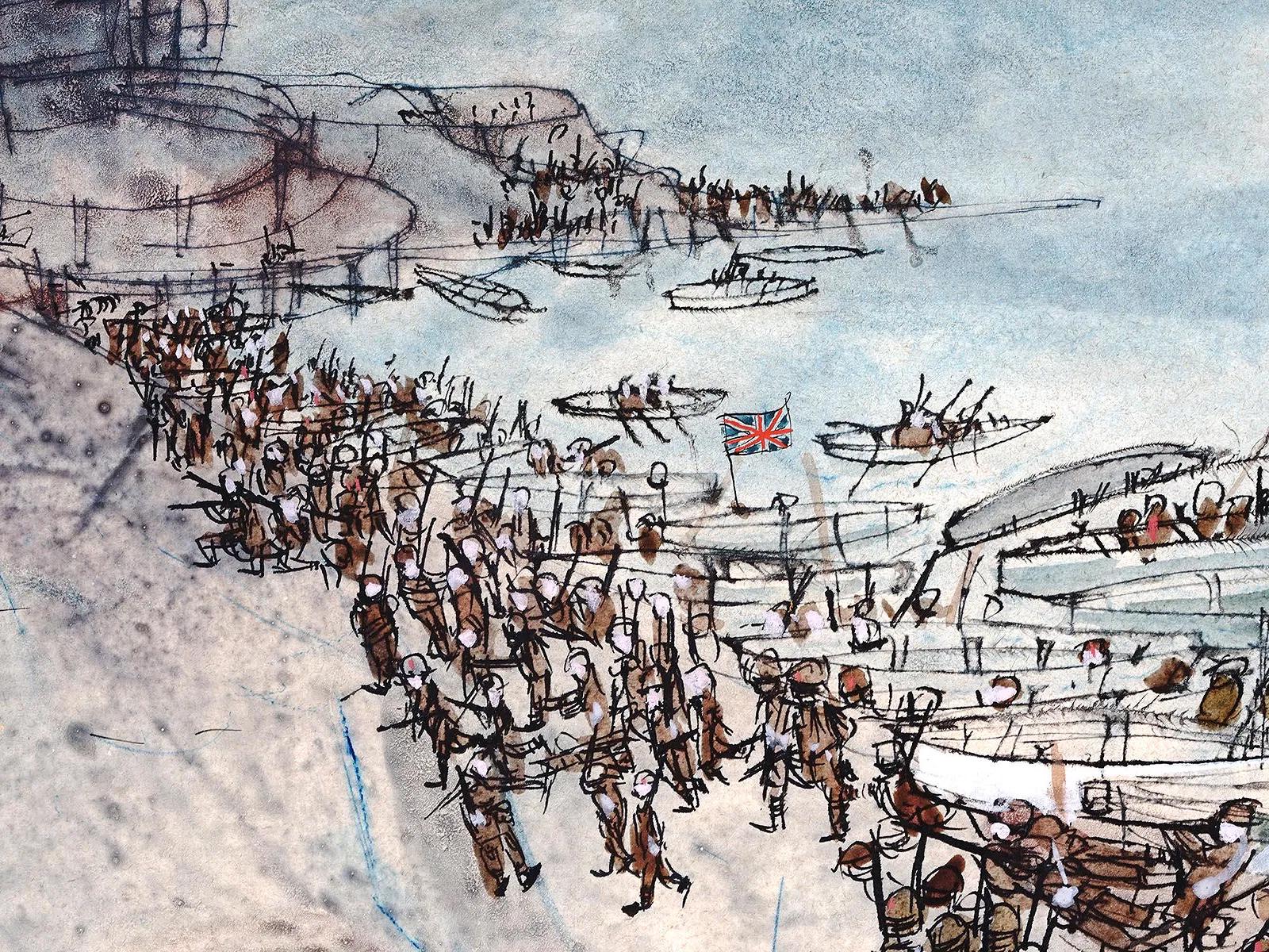Watercolor And Ink On Paper Painting By Robert Andrew Parker, Battle Of The Bulgarian And British Armies On A Seashore Landscape