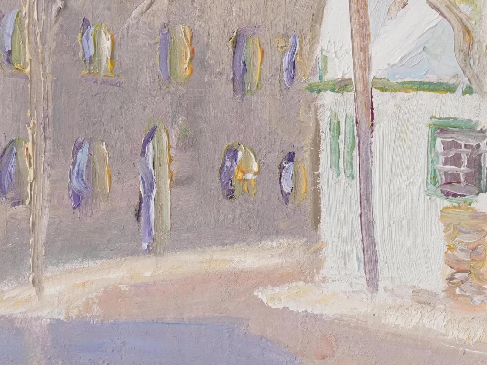 Vintage 1983 Art Painting Signed By Marc Tanguay. Oil On Board Depicting Vitry Sur Seine, Paris City Street, Architecture
