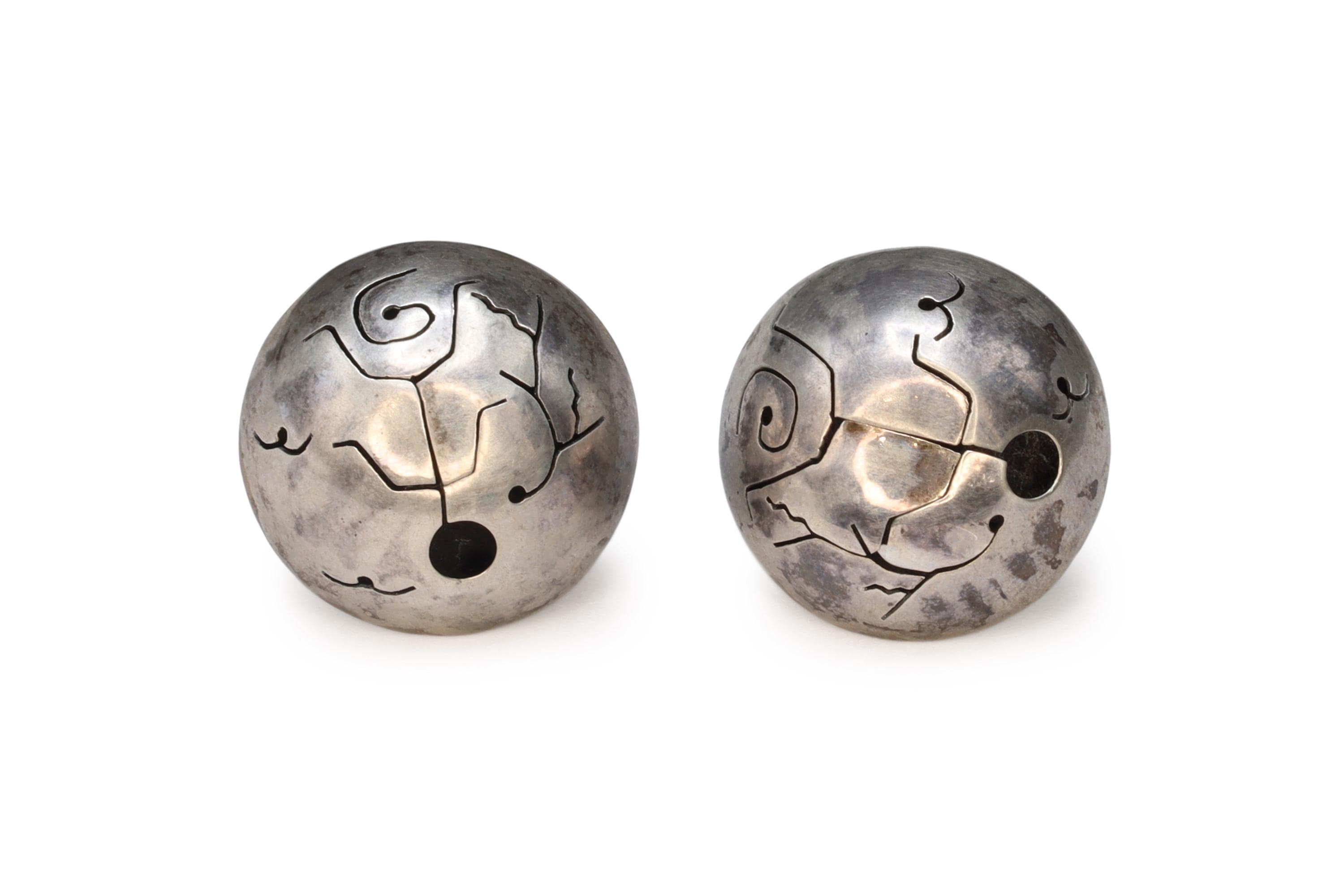 Large Round Stud Earrings With A Tribal Inspired Shadowbox Motif, Modernist Jewelry Desings, 925 Sterling Silver Fashion Accessories