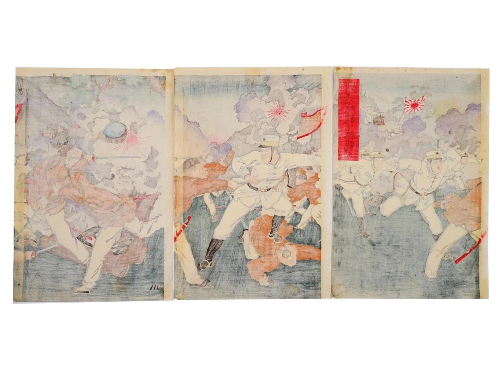 Ukiyoe Art, Original 1894 Japanese Meiji Era Senso-e Military Woodblock Print Triptych Military Art, Asian Oriental Art, Battle Of Seonghwan