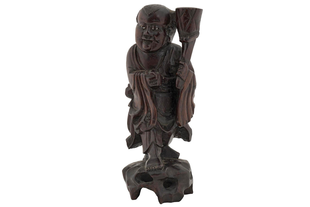 Vintage 1930s Japanese Wood Carved Statuette Of A Young Budai With Lotus Flower. Inlaid Eyes, Oriental Folk Arts And Crafts