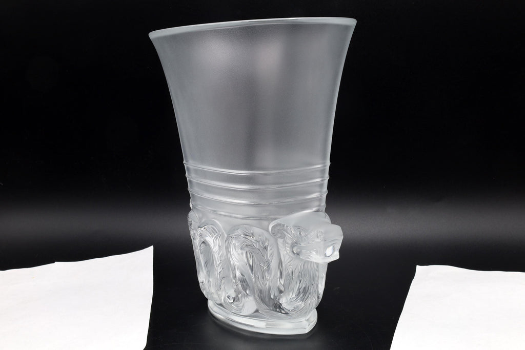 Rene Lalique, Aztec Quetzalcoatl Floral Vase, Clear And Frosted Glass France. Art Deco Style Vessel With Mesoamerican Motifs, Mayan Kukulkan