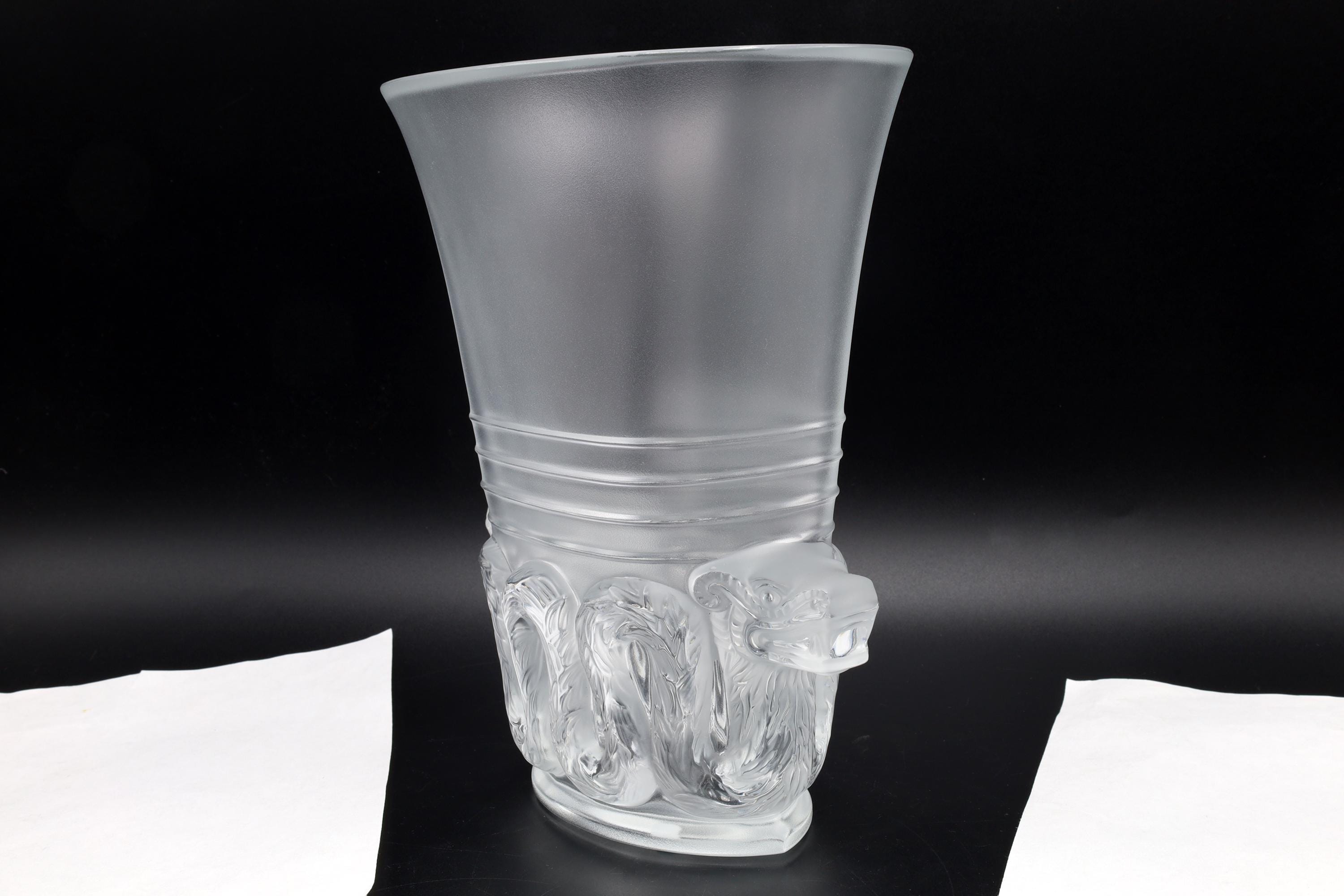 Rene Lalique, Aztec Quetzalcoatl Floral Vase, Clear And Frosted Glass France. Art Deco Style Vessel With Mesoamerican Motifs, Mayan Kukulkan