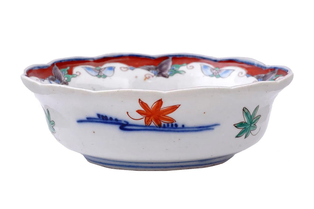 Antique 19th Century Meiji Japan Bowl, An Imari Arita Plate With Calligraphy And Nautical Theme, Porcelain, Blue And White