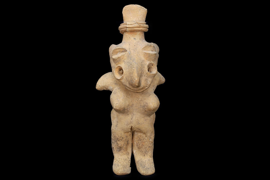 Ancient Pre Columbian Jalisco Pottery Female Standing Figure With Long Head, Dated As Between 300 BCE to 300 AD, Mexican Mesoamerica Art