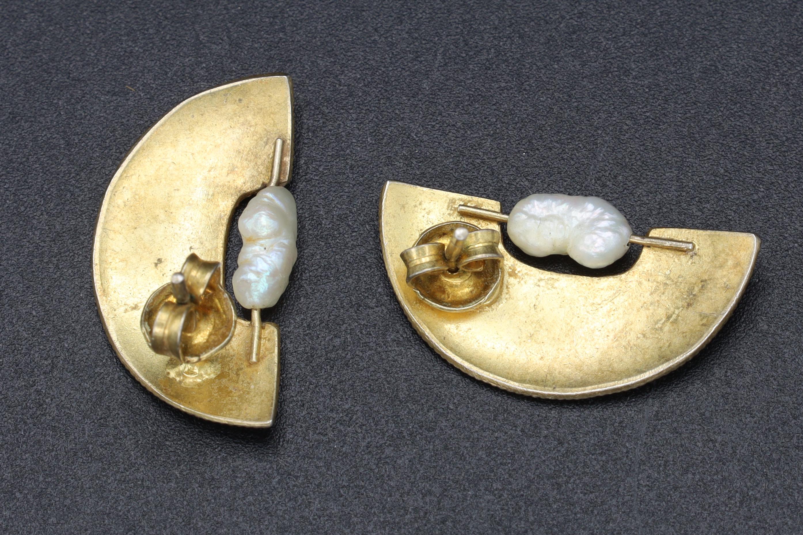Stud Earrings, Purple Enamel And Fresh Water Pearls, Gold Gilt Vermeil On Sterling Silver, Vintage Fashion Accessories Modernist Design