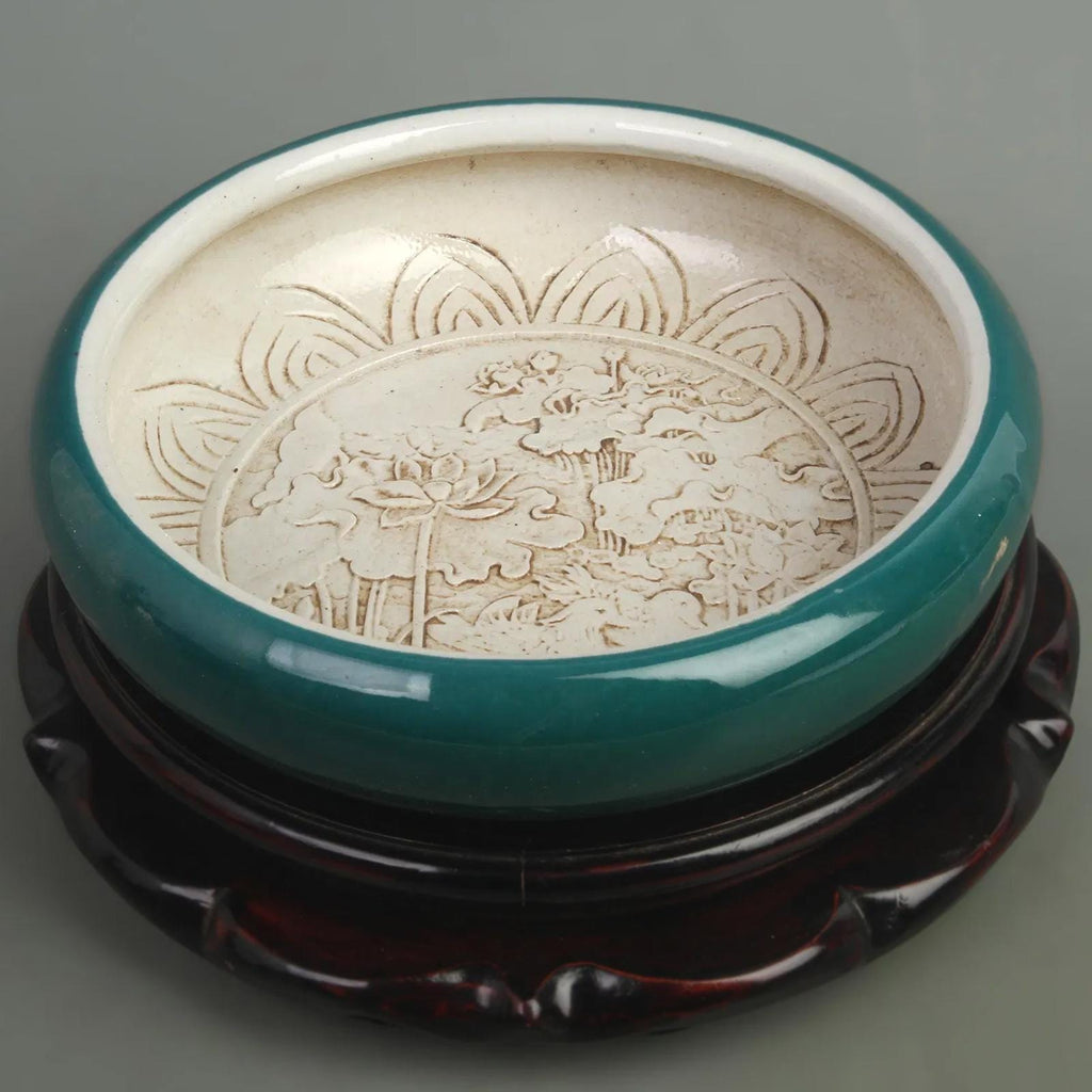 Antique 1900s Peacock Dark Green Glazed Inner Carved Porcelain Brush Washer,  Flower Pot In A Qing Dynasty Style, Oriental Home Decoration