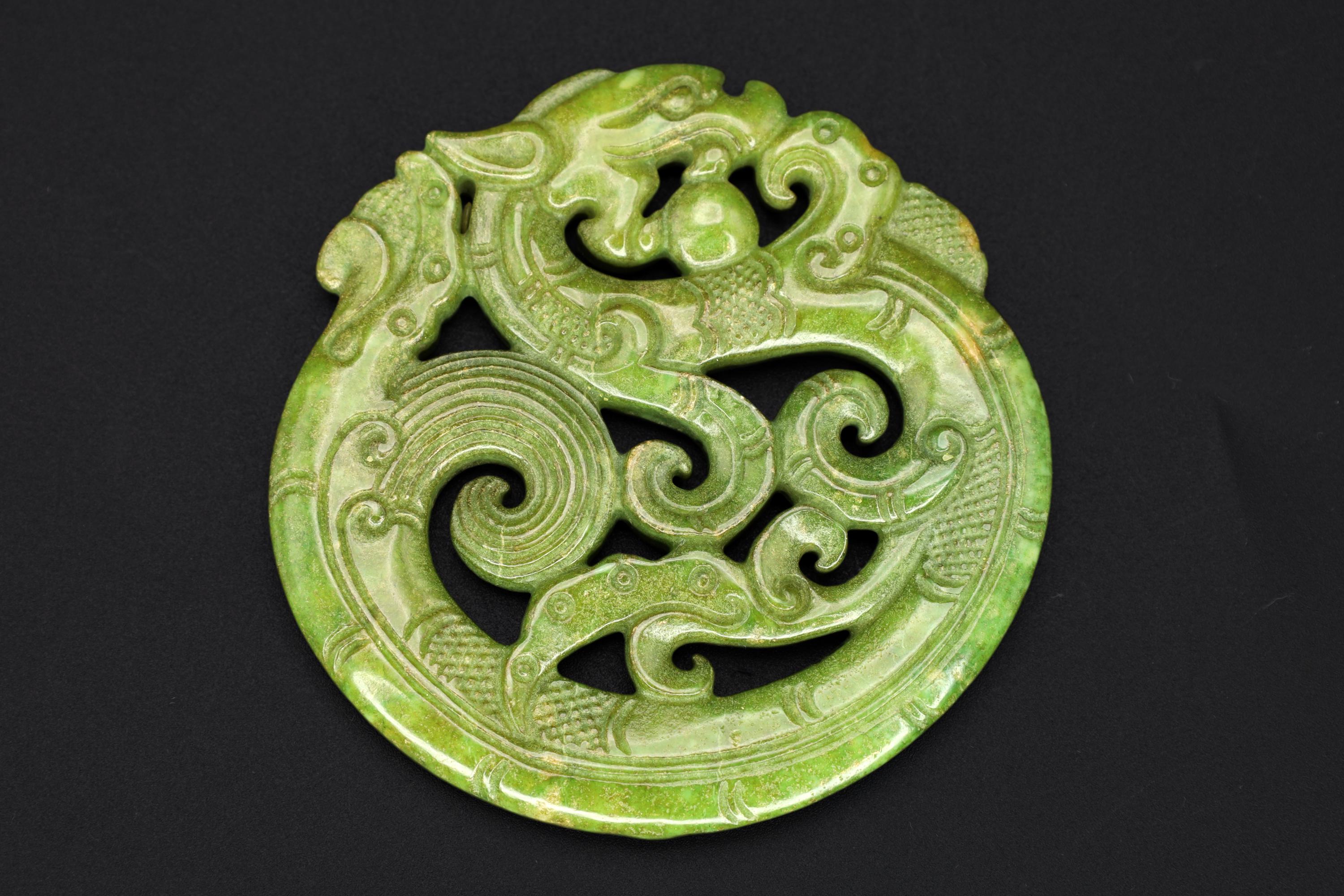 Vintage 1980s Green Jade Pendant With Celestial Dragon, Hand Carved Spinach Jade Like Stone, Chinese Zodiac, Feng Shui, Good Luck Amulets