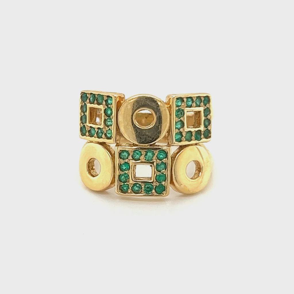 Statement Ring For Woman, 18 Karat Yellow Gold Ring Size 9 With Green Emeralds And A Geometric Design, Weight 11.30 Grams