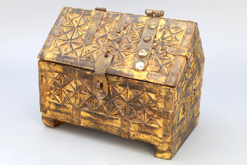 Antique 19th Century Jewelry Chest, Colonial India. Ethnic Rustic Wooden Trunk Box, South Asia Folk Art, Oriental Crafts And Collectibles