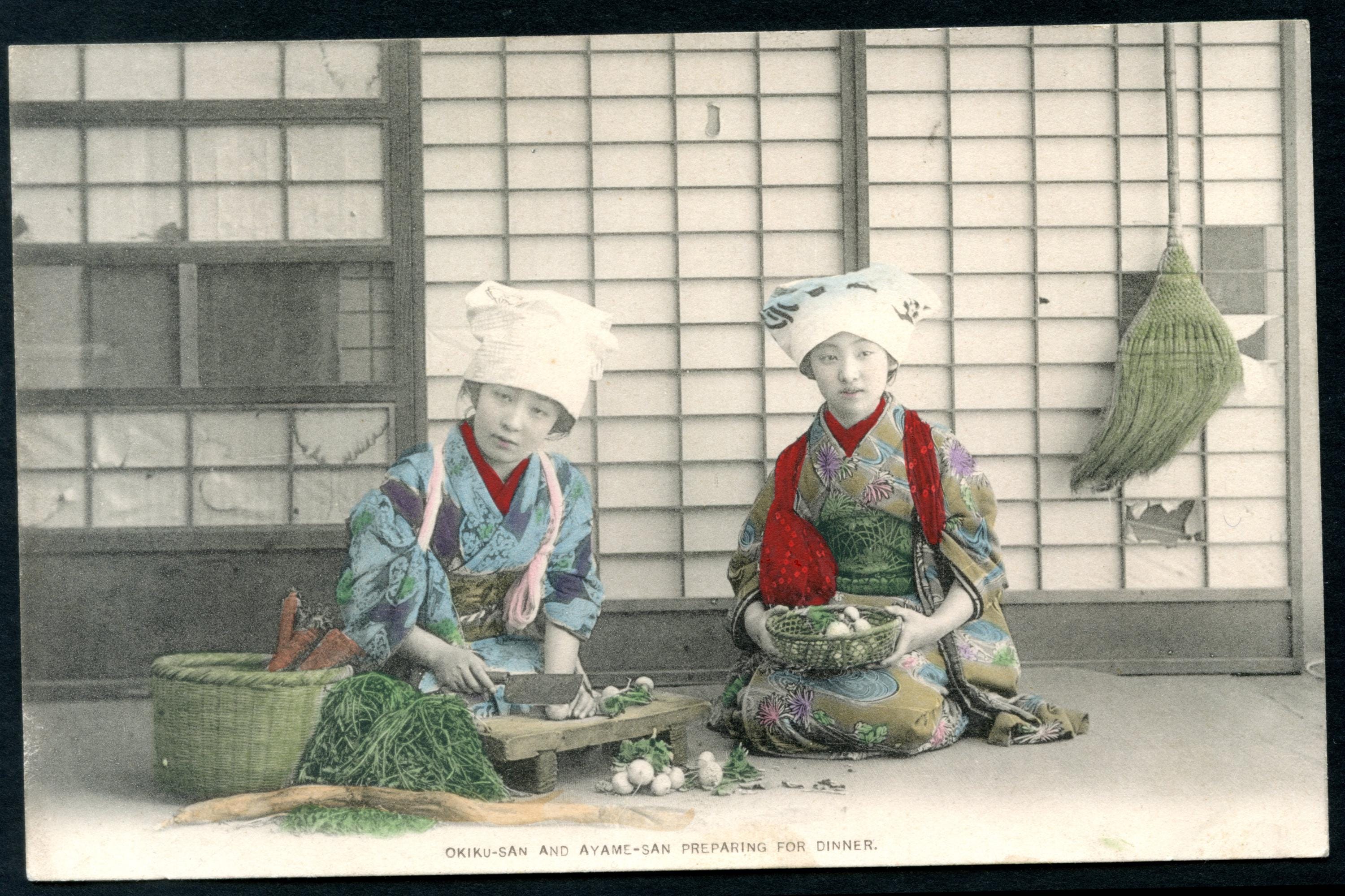 Uncirculated Postcard From Japan, Early 20th Century Hand Colored Postal Memorabilia, OkikuSan And AyameSan Preparing Dinner, Late Meiji