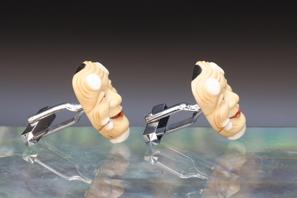 Toshikane Cufflinks, Molded And Painted Porcelain, Okina Noh Theatre From Japan Hakushiki-jo Mask, Happy Old White Man, Fashion Accessories