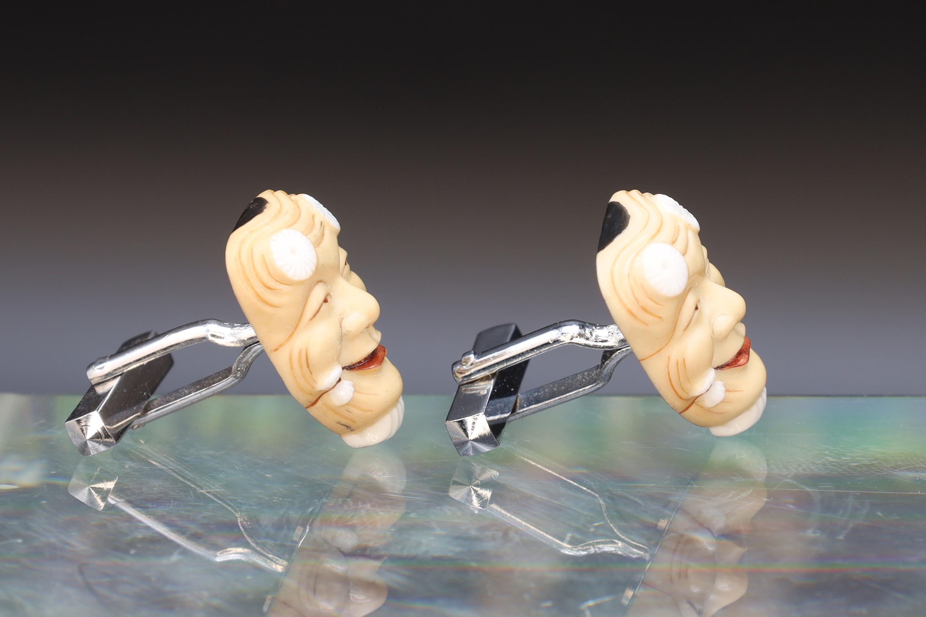 Toshikane Cufflinks, Molded And Painted Porcelain, Okina Noh Theatre From Japan Hakushiki-jo Mask, Happy Old White Man, Fashion Accessories