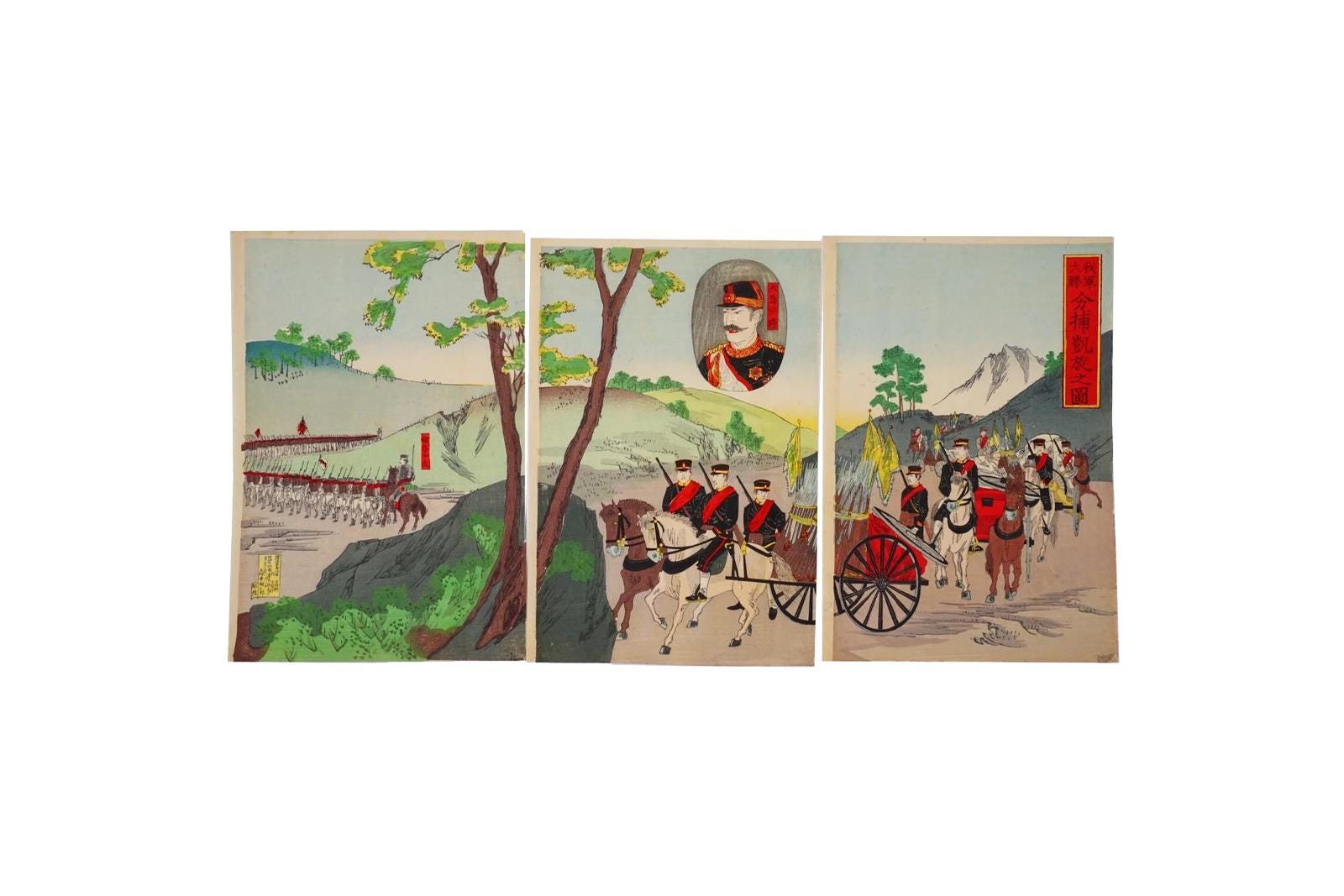 Ukiyoe Art, Original 1894 Japanese Meiji Era Senso-e Military Woodblock Triptych Composition, Asian Oriental Art, Militaria Collectibles