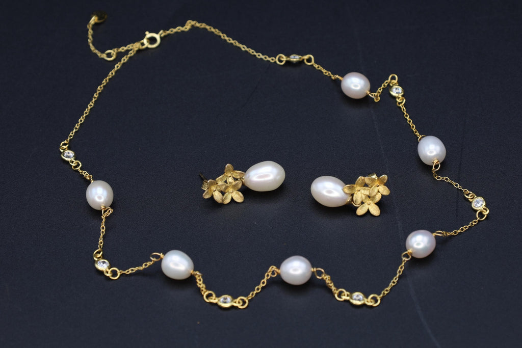 Beaded Necklace And Dangle Earrings Jewelry Set, Pearl And Cut Glass Saturn Chain, Gold Gilt Vermeil On Sterling Silver, Fashion Accessories