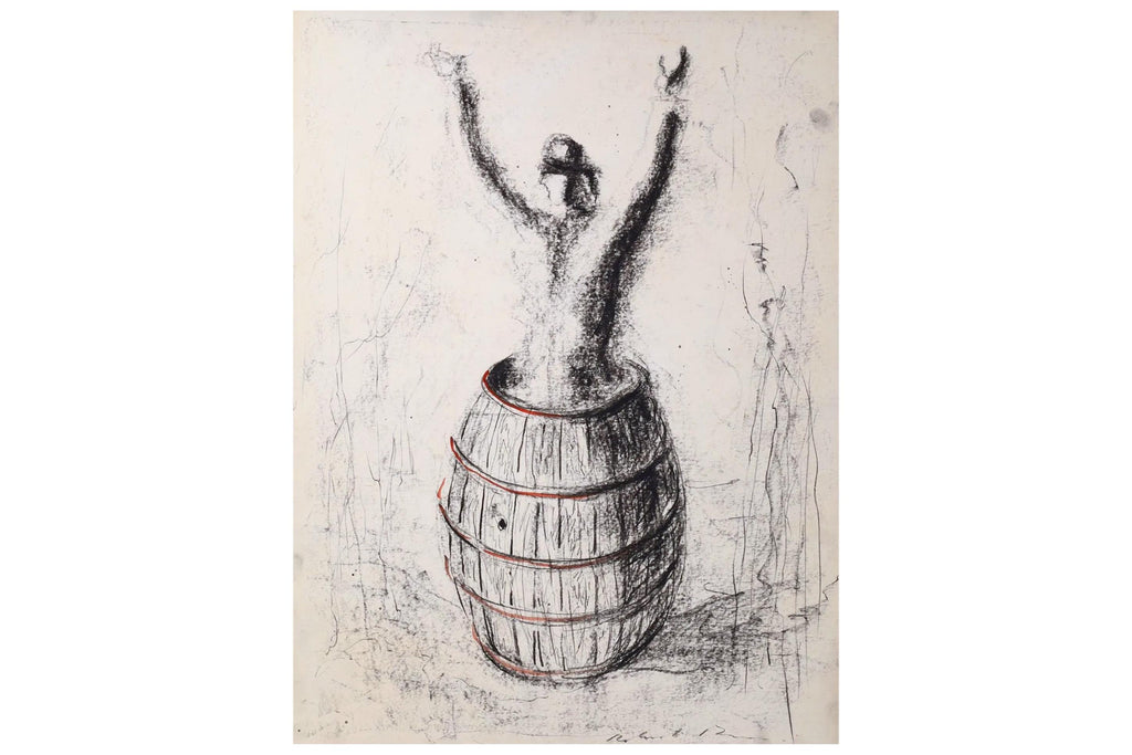 Bankruptcy Barrel, A Mixed Media Artwork By The Italian Artist Roberto Barni, Black Pastel On Paper, Hand Signed, European Social Art