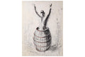 Bankruptcy Barrel, A Mixed Media Artwork By The Italian Artist Roberto Barni, Black Pastel On Paper, Hand Signed, European Social Art