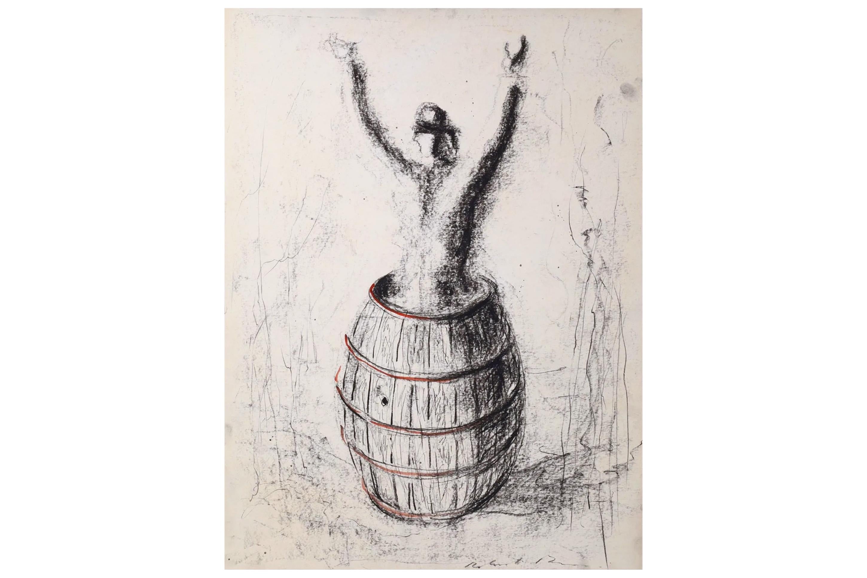 Bankruptcy Barrel, A Mixed Media Artwork By The Italian Artist Roberto Barni, Black Pastel On Paper, Hand Signed, European Social Art