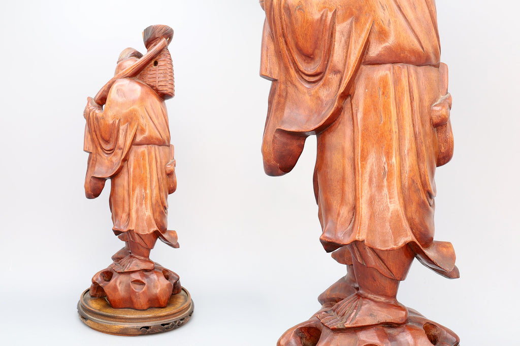 Antique 1910s Japanese Carved Wood Figure Of God Ebisu. Statuette Of An Old Man With Fish And Basket, Oriental Folk Arts And Crafts