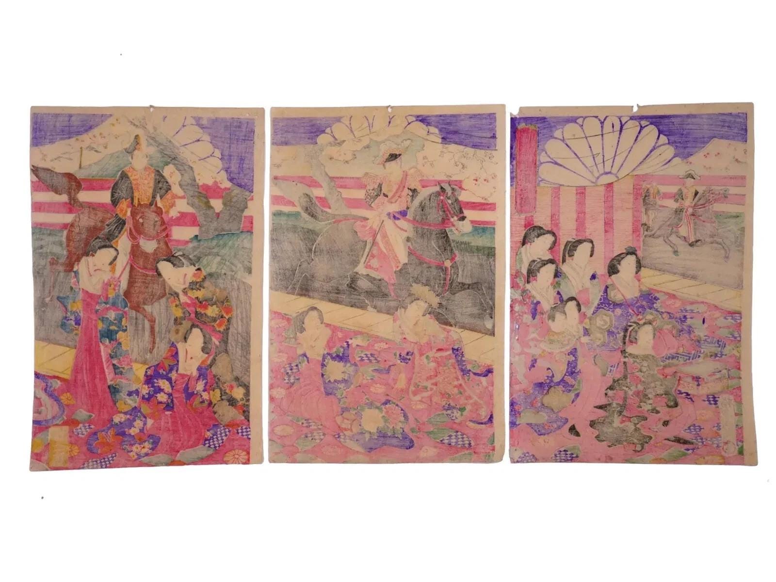 Chikanobu Yoshu, Nishiki-e Japanese Meiji Era Military Artwork Illustration Triptych, Asian Oriental Art Ukiyoe Prints