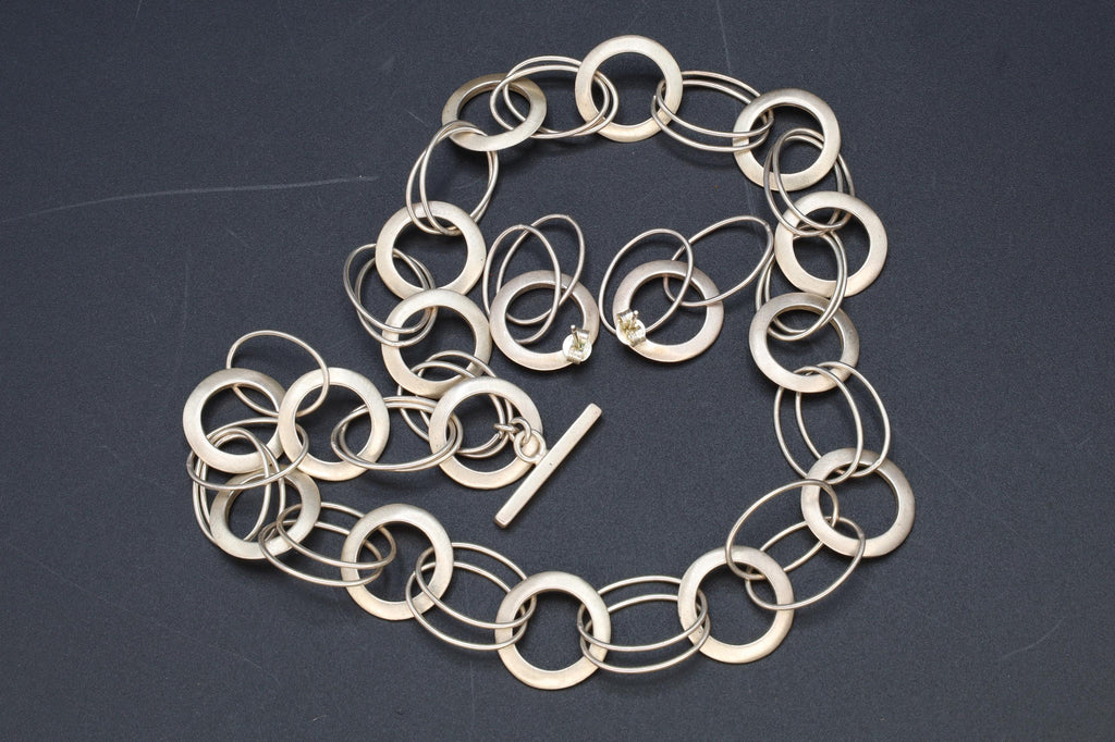 Modernist Rings Bold Chain Necklace And Earrings, A Jewelry Set Made In Italy, 925 Sterling Silver, Retro Vintage Fashion Accessories