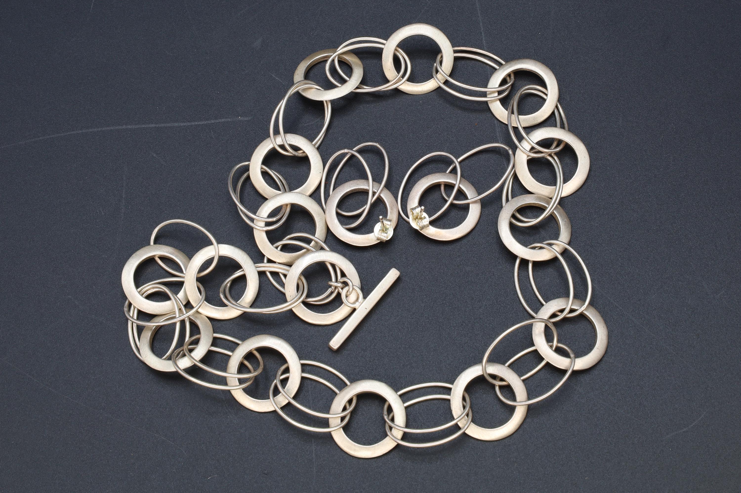 Modernist Rings Bold Chain Necklace And Earrings, A Jewelry Set Made In Italy, 925 Sterling Silver, Retro Vintage Fashion Accessories