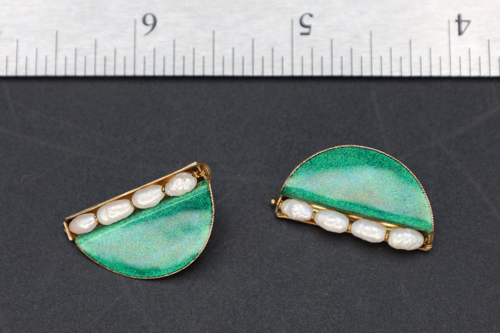 Large Stud Earrings, Green Enamel And Fresh Water Pearls, Gold Gilt Vermeil On Sterling, Modernist Design, Vintage Fashion Accessories