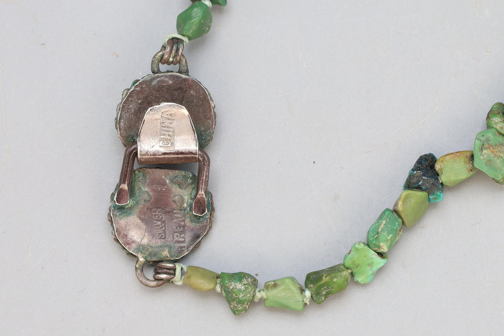 EXTRA LONG Vintage 1920s Chinese Exports Beaded Necklace, Green Turquoise And Sterling Silver, Gemstone Nuggets