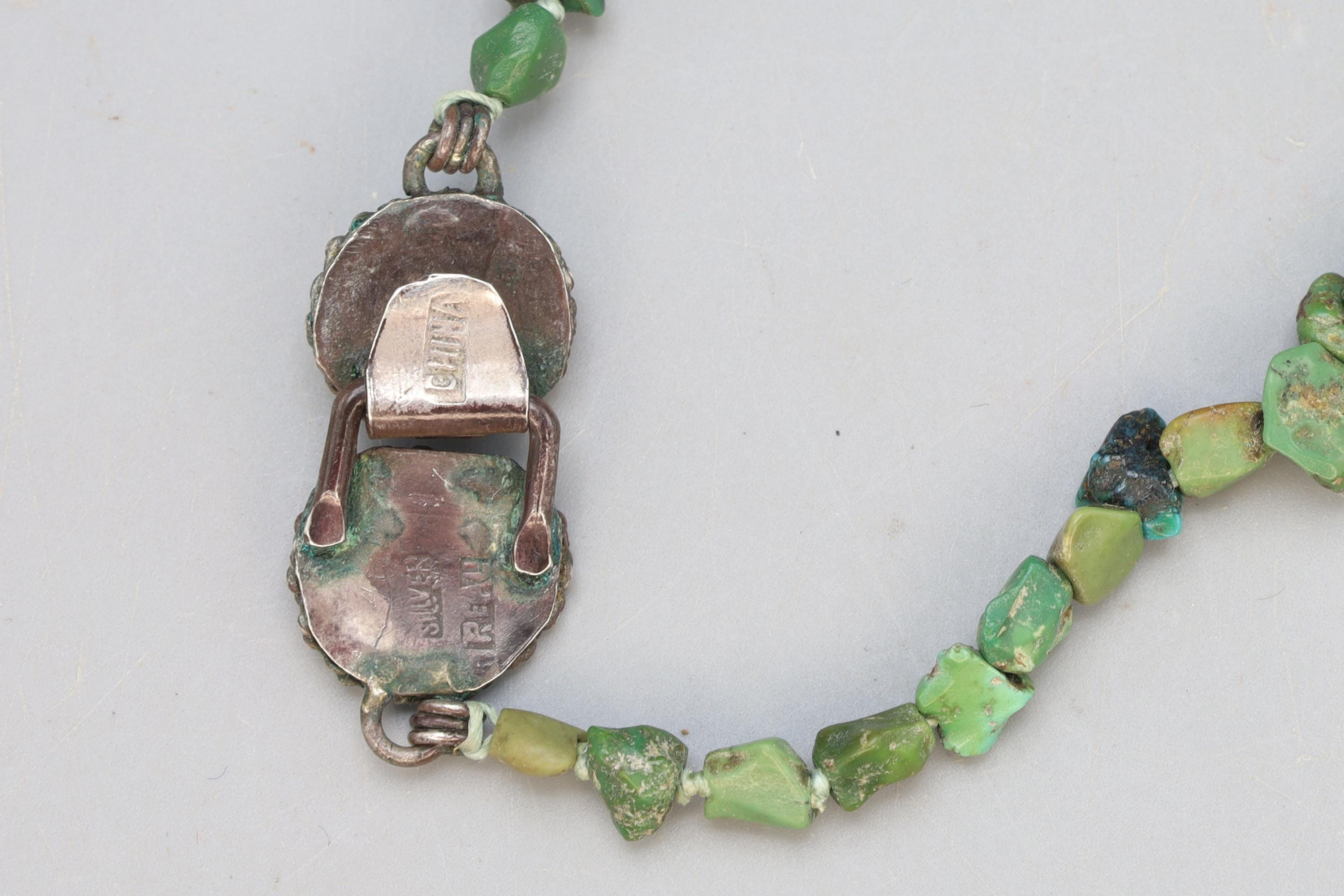 EXTRA LONG Vintage 1920s Chinese Exports Beaded Necklace, Green Turquoise And Sterling Silver, Gemstone Nuggets