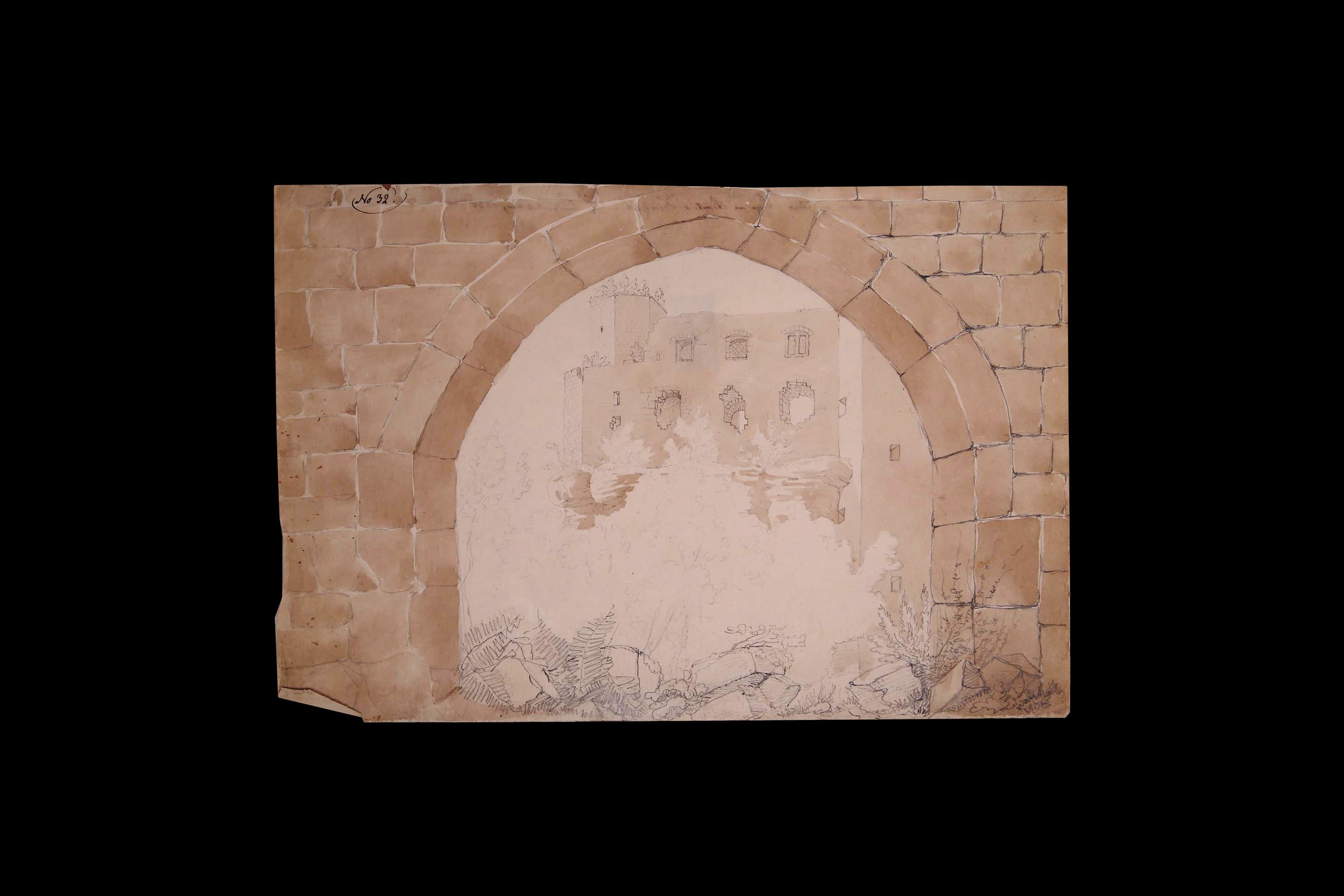 Antique 1830s Baumberg Castle Ruins Mixed Media Art Attributed To Friedrich Eisenlohr. Pencil, Ink Wash And Watercolor Painting On Paper