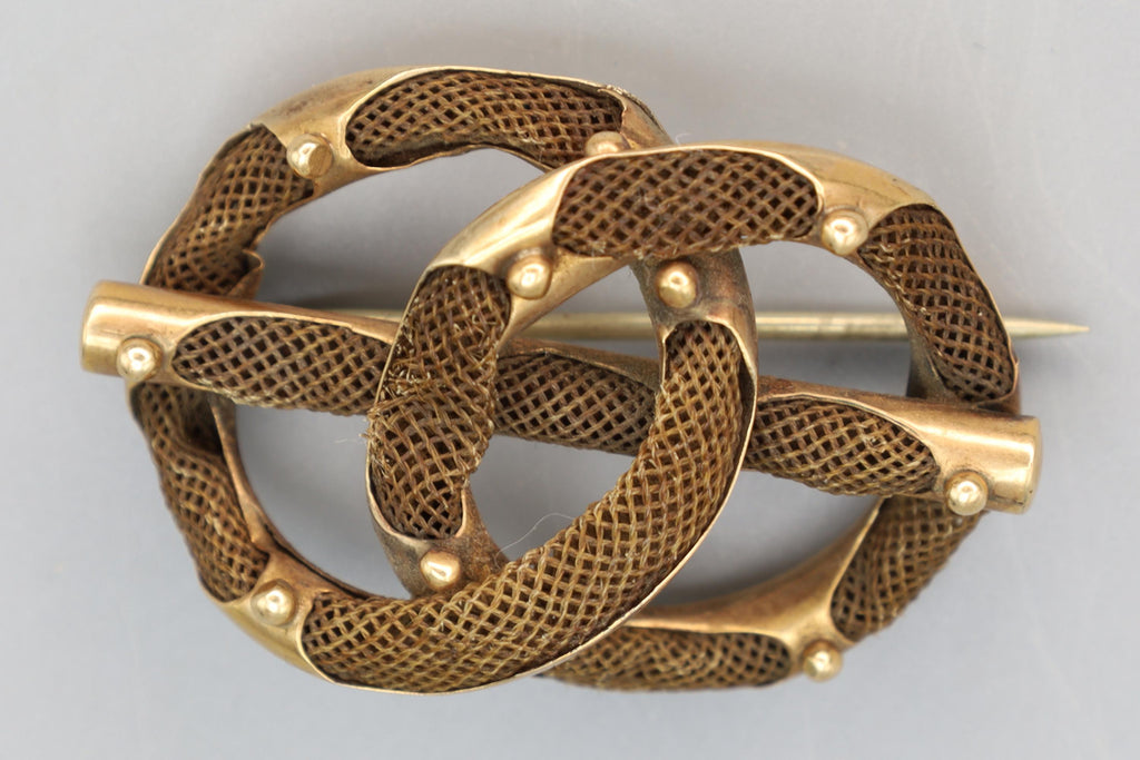 Victorian Era Jewelry, Braided Infinite Interlocking Symbol, Memento Mori Brooch Pin, Dated As Circa 1880s England UK, Fashion Accessories