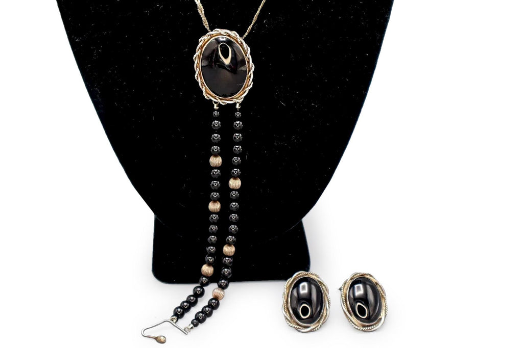 Southwestern Americana Sterling And Onyx Jewelry Set by Regina 1980s Vintage Fashion Accessories, Hand Signed