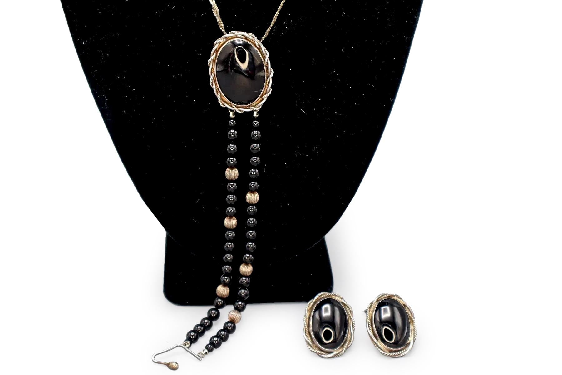 Southwestern Americana Sterling And Onyx Jewelry Set by Regina 1980s Vintage Fashion Accessories, Hand Signed