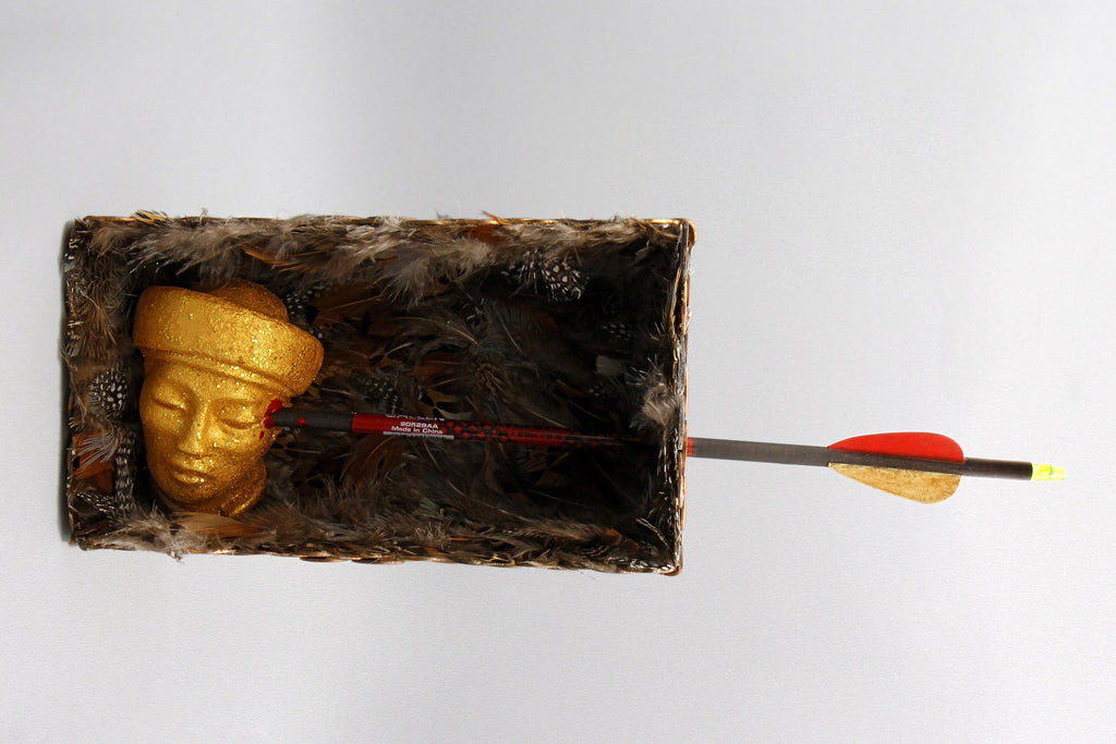 Saint Sebastian Martyr, Mixed Media Assemblage Sculpture, Rustic Surreal Diorama Box, American Penny Coins Box Diorama Theatre Art Sculpture