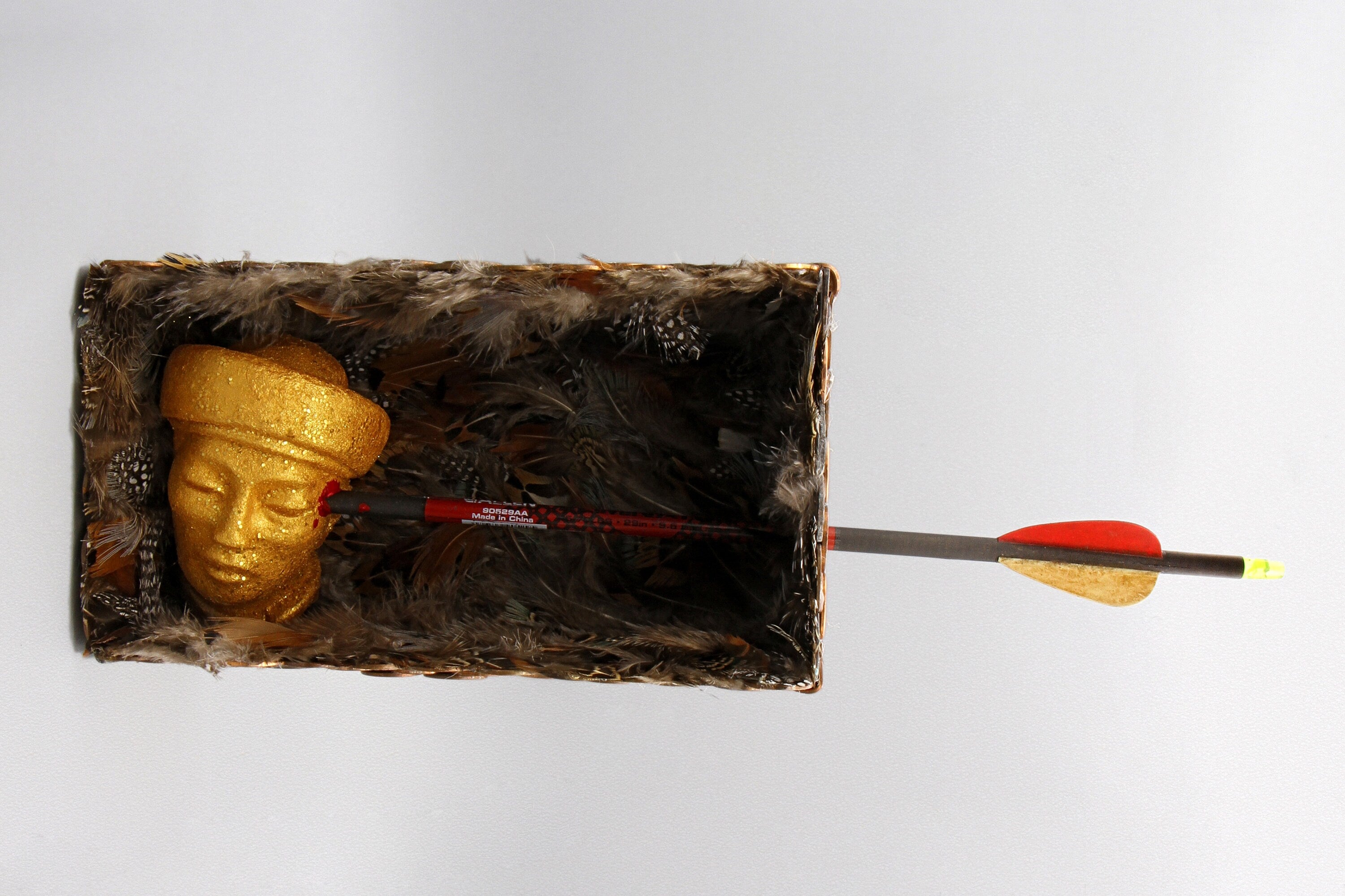 Saint Sebastian Martyr, Mixed Media Assemblage Sculpture, Rustic Surreal Diorama Box, American Penny Coins Box Diorama Theatre Art Sculpture
