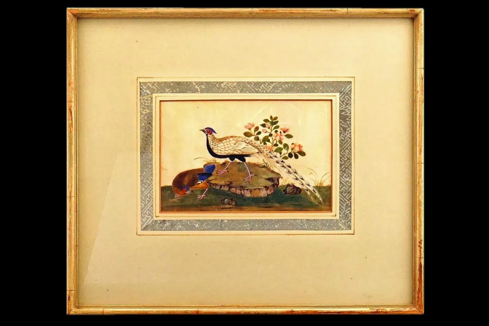 Antique 19th Century Imperial China Qing Dynasty Artwork, Pheasant Birds In A Garden, Painting In Rice Paper, Oriental Art Collectibles