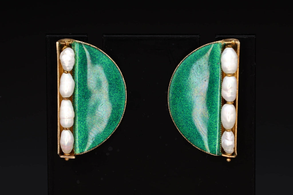 Large Stud Earrings, Green Enamel And Fresh Water Pearls, Gold Gilt Vermeil On Sterling, Modernist Design, Vintage Fashion Accessories
