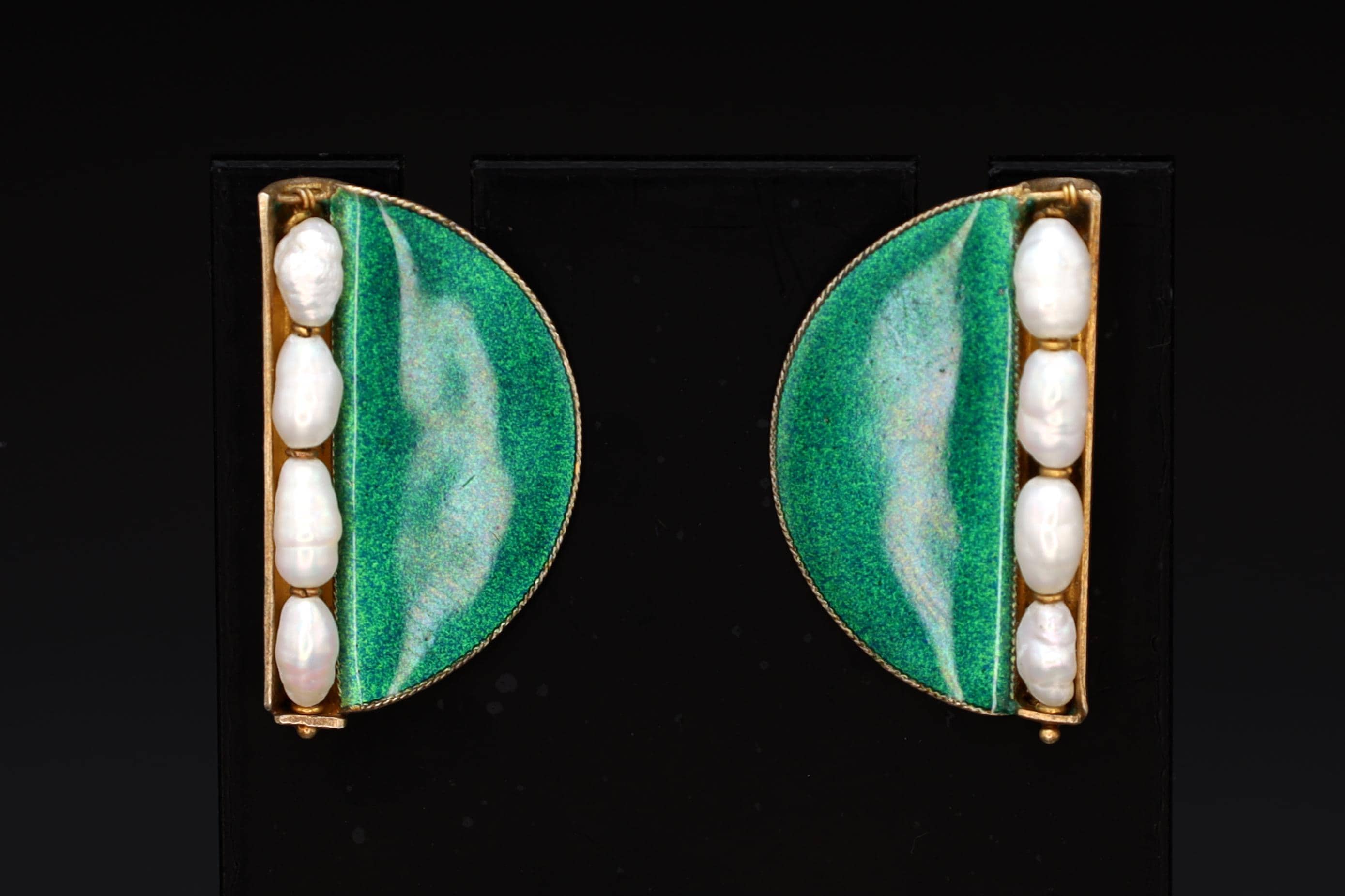 Large Stud Earrings, Green Enamel And Fresh Water Pearls, Gold Gilt Vermeil On Sterling, Modernist Design, Vintage Fashion Accessories