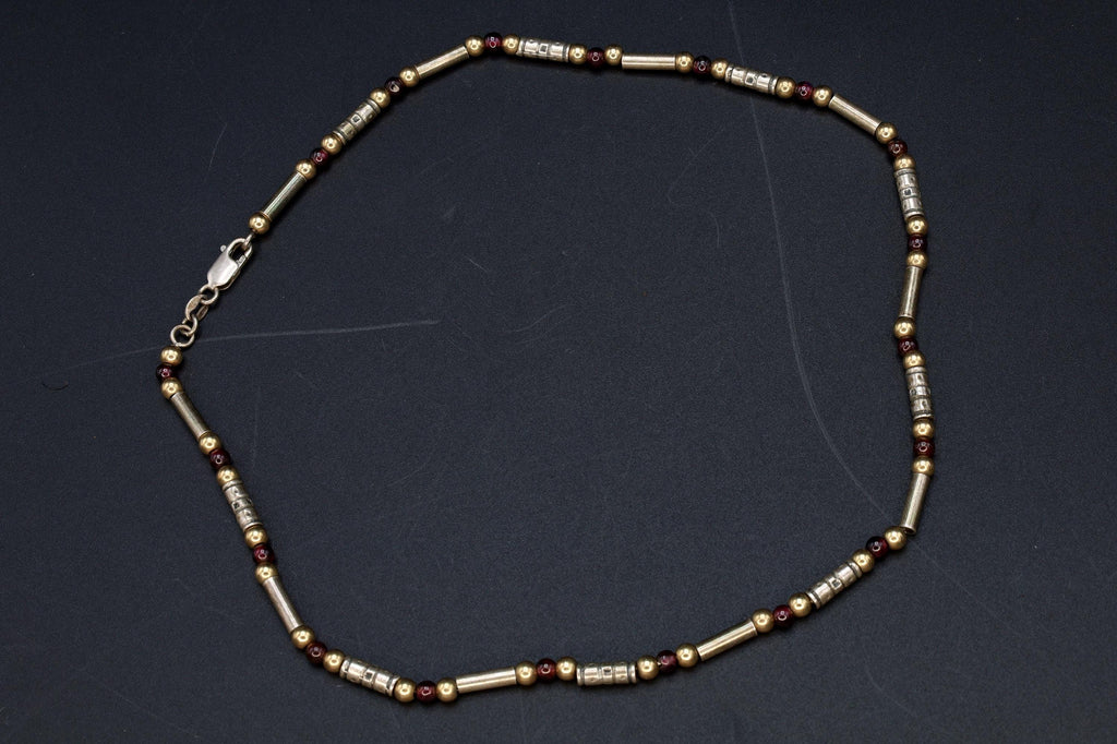 Modernist Bar Ball Chain Necklace, 925 Sterling Silver, Gold Wash And Pink Red Garnet, 16 inches Length Specialty Chain, Fashion Link Collar