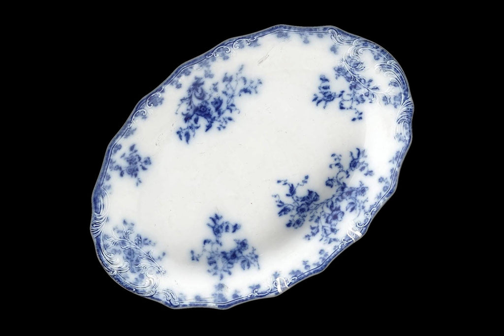 Large Turkey Tray Plate. Antique 19th Century English Bone China Flow Blue Oval Serving Platter Made By W.H. Grindley Of England Circa 1891