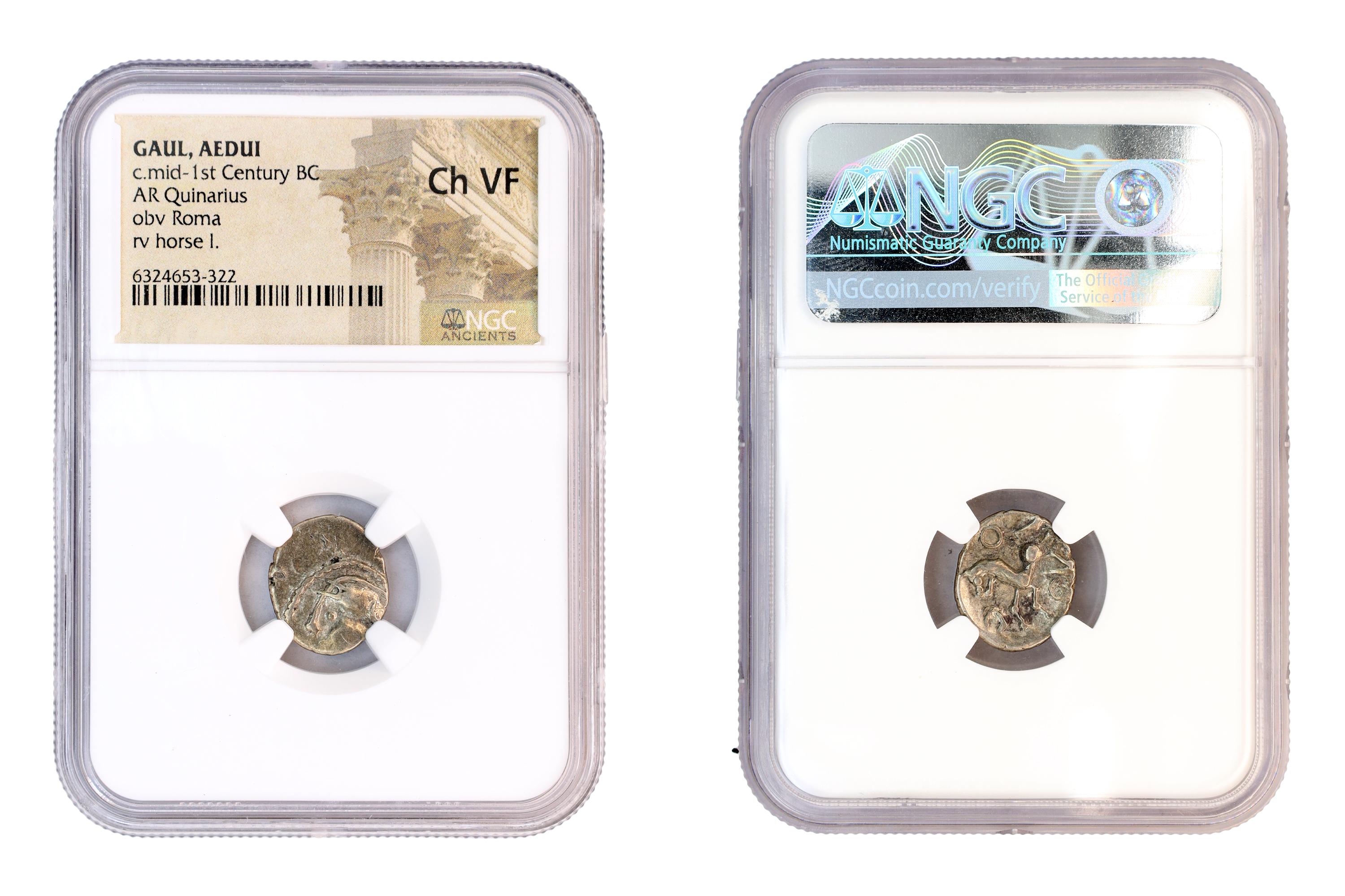 Gallia Celtica, Aedui Gaul Mid Of The 1st Century BCE, AR Quinarius Silver Coin Ch Vf Certified In NGC Case, Helmeted Head Of Roma And Horse
