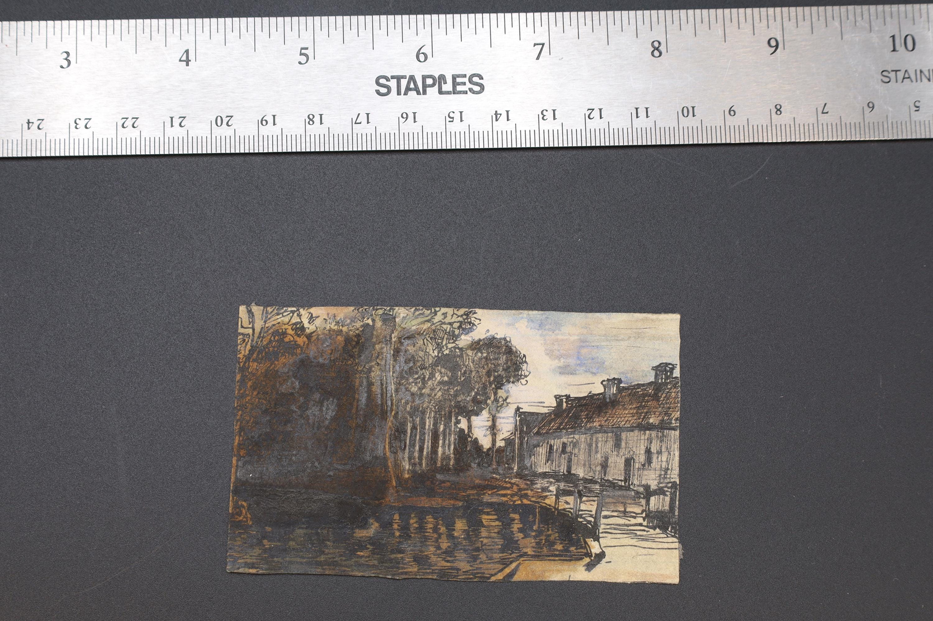 Villa Near River, Antique 1900s Liberty Style Art By Paulo Antonini, Italian American Artist, Small Paintings Drawings On Paper, Art Nouveau