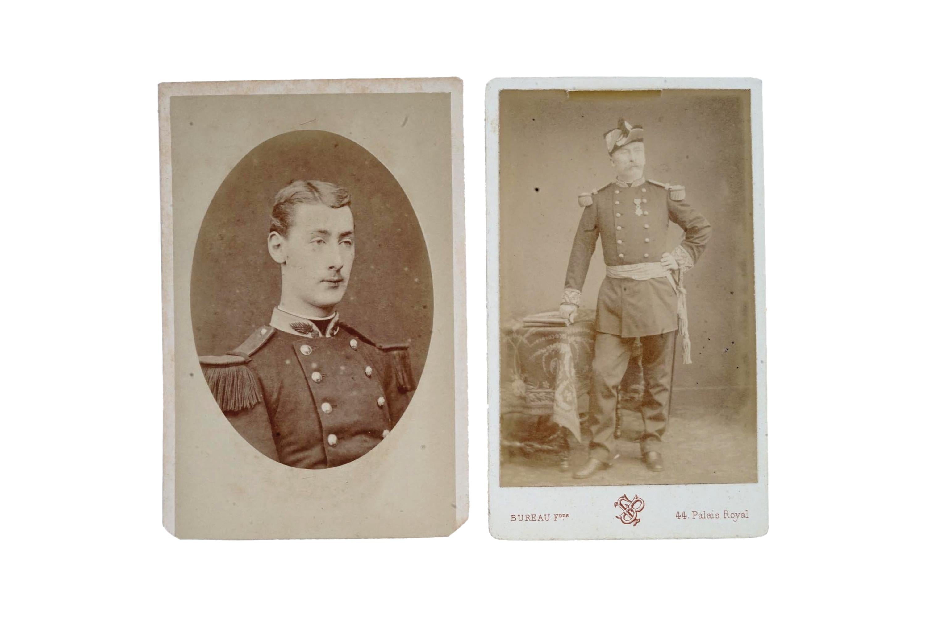 Antique 19th Century French Military Carte de Visite Photographs, Pair Of 1870s Cabinet Portraits Of Young Male Soldiers, Victorian Era