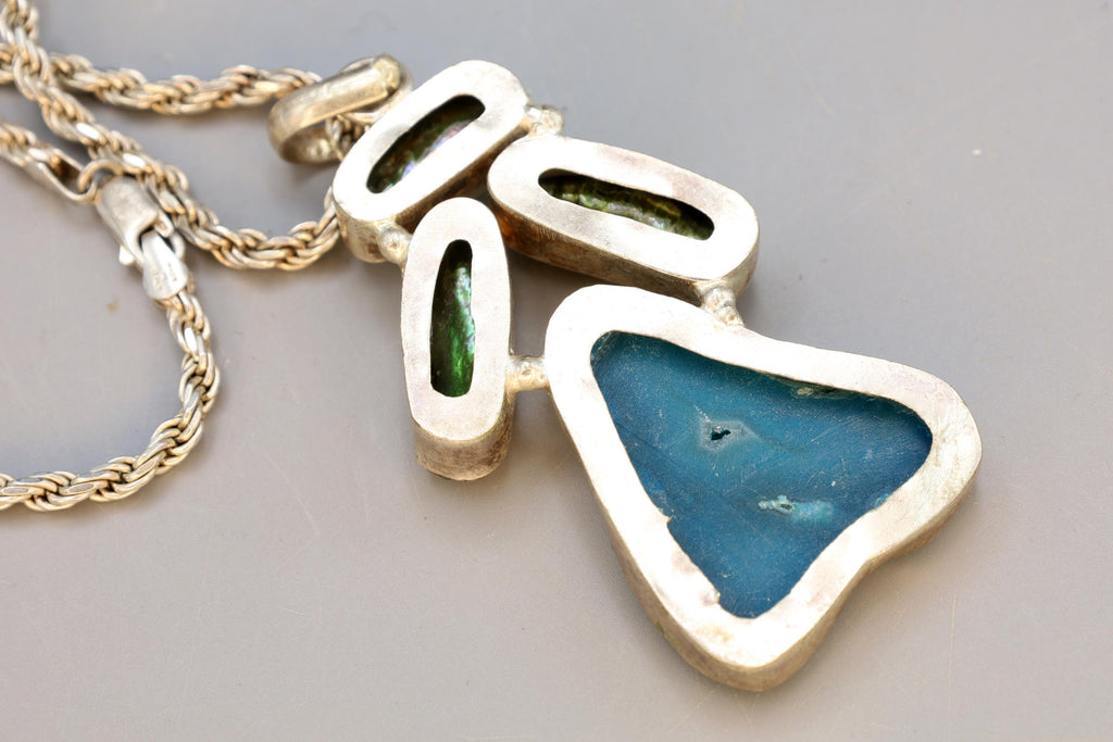 Vintage Sterling Silver Pendant Necklace, Blue Druzy Quartz And Freshwater Pearls In A Modernist Setting, Fashion Accessories And Jewelry