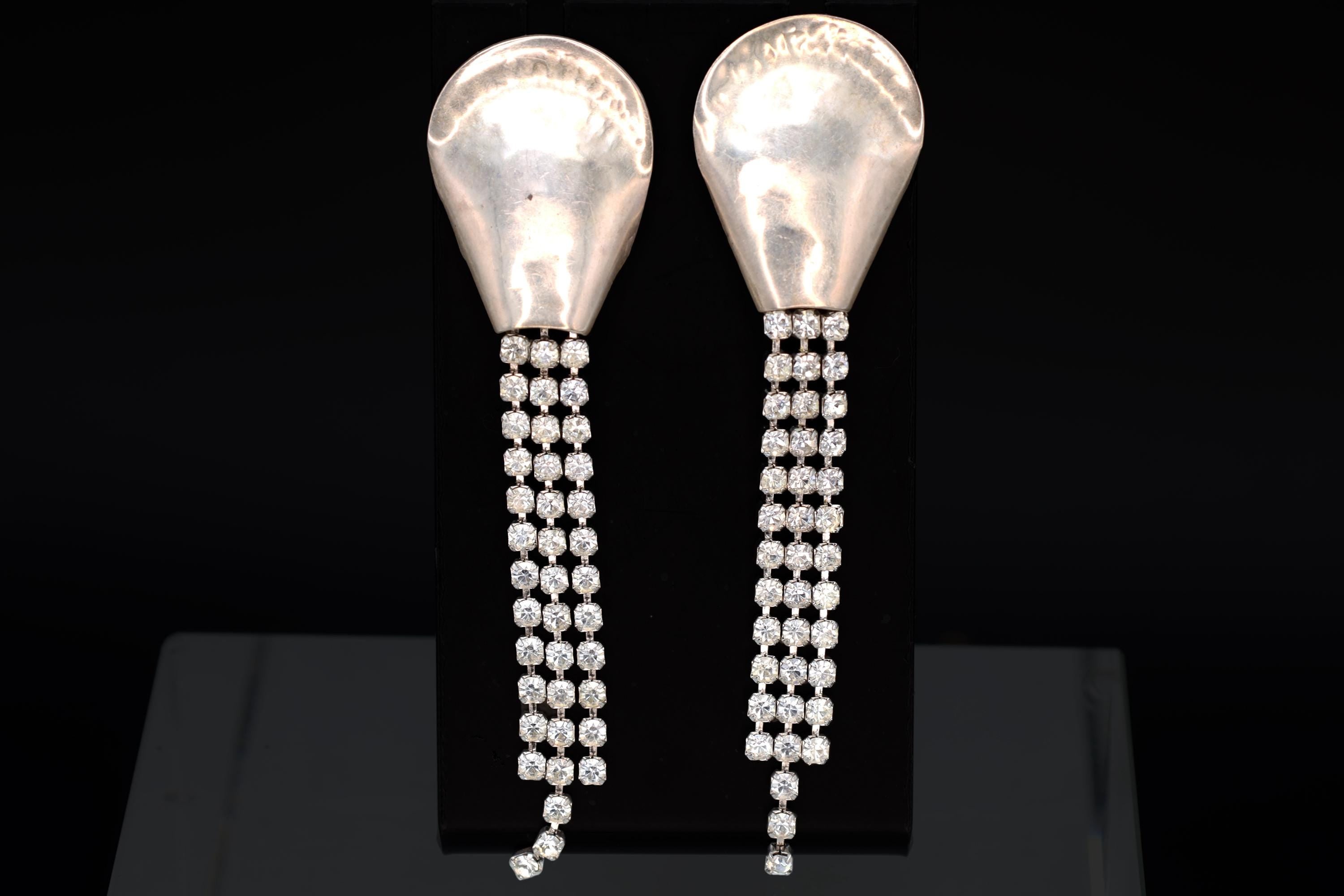 Sparkling Chandelier Dangle Earrings With Clear Multistone Fringes And A Modernist Desing, 925 Sterling Silver And Clear Glass Cabochons