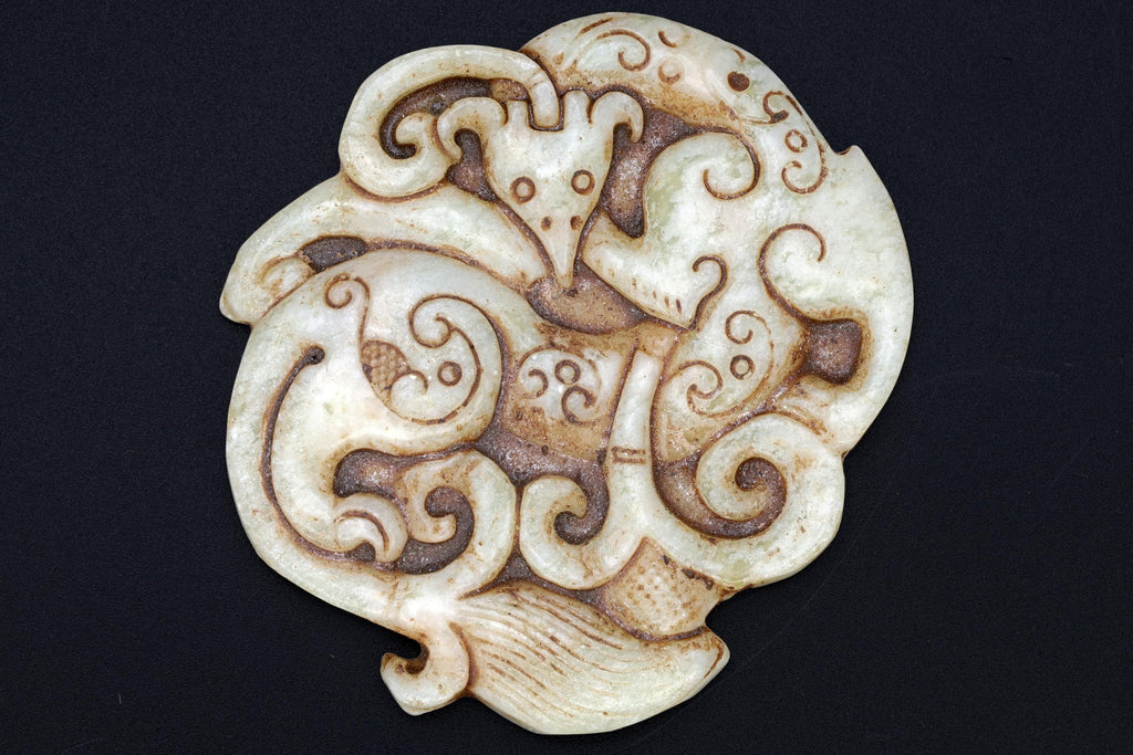 Chinese Round Amulet, Carved Stone Flat Slab Mythological Animals, Two Sided Round Pendant With Dragon, Feng Shui Oriental Asian Accessories